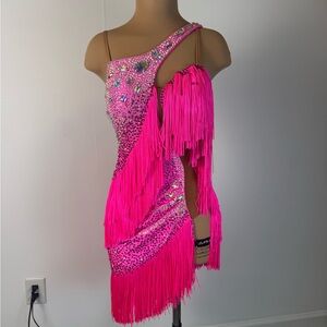 The SAYNT Pink Fringe Women's Latin Dance Competition Dress, size small